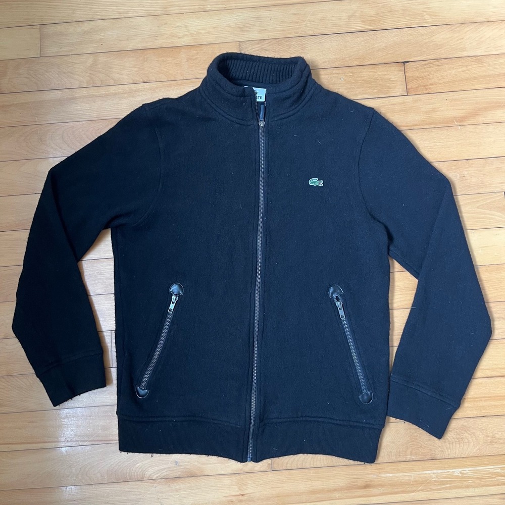 Lacoste Mens Full Zip Sweater Black Mock Neck Logo Knit Jacket Size 3 Medium